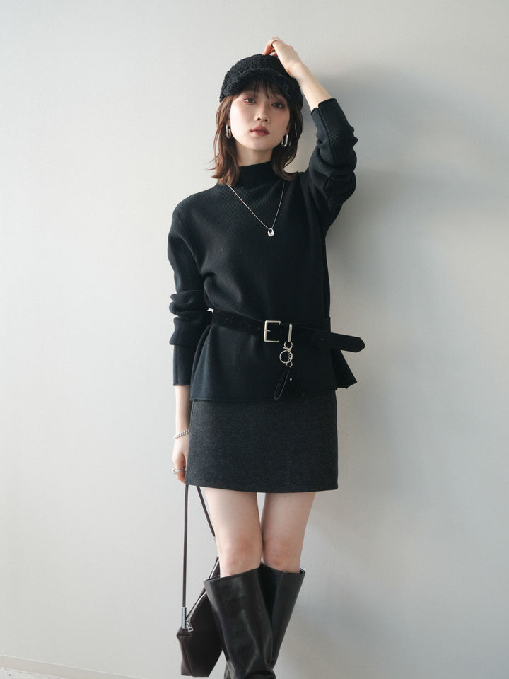 [予約]ボトルネック裾カールリブニットトップス/black