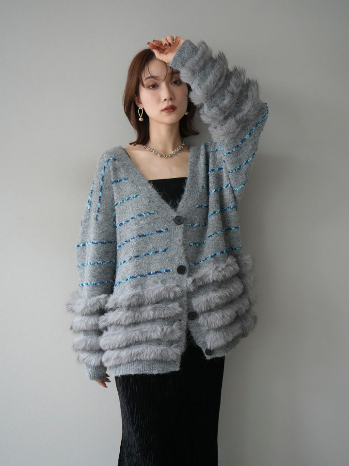 [予約]フェザーライン配色シャギーニットカーディガン/グレー