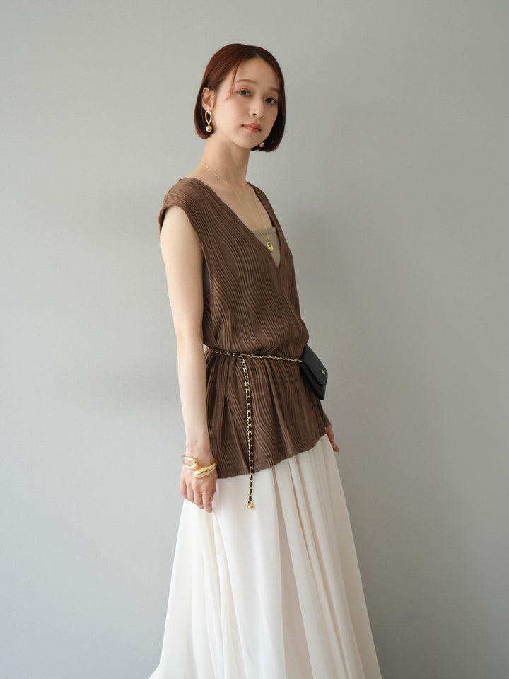 [SET]ウェーブパイピングVネックベスト+シフォンフレアスカート(2set)