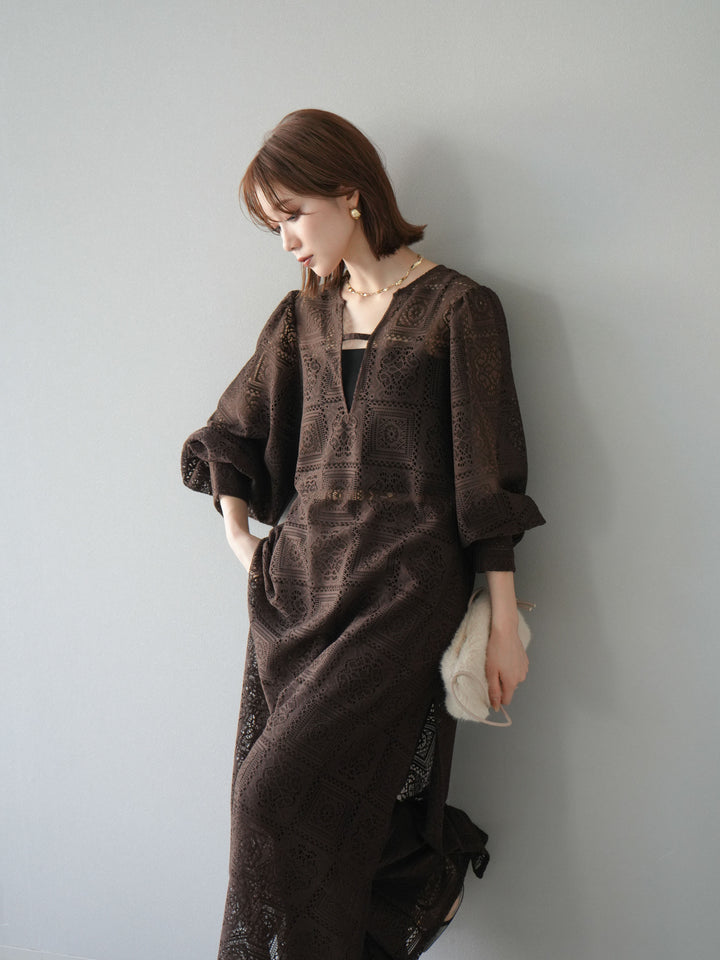 [予約]ブロックレースボリュームスリーブワンピース/ブラウン