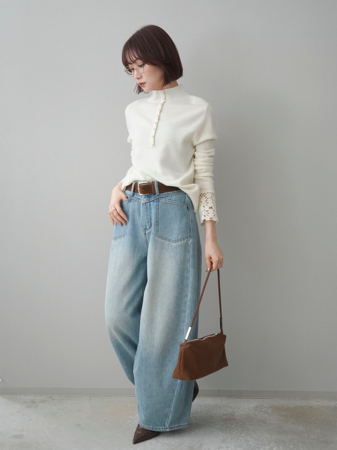 [SET]袖スカラップレースフロントボタンウールニットトップス+ベルト付裏起毛カーブデニムパンツ(2set)