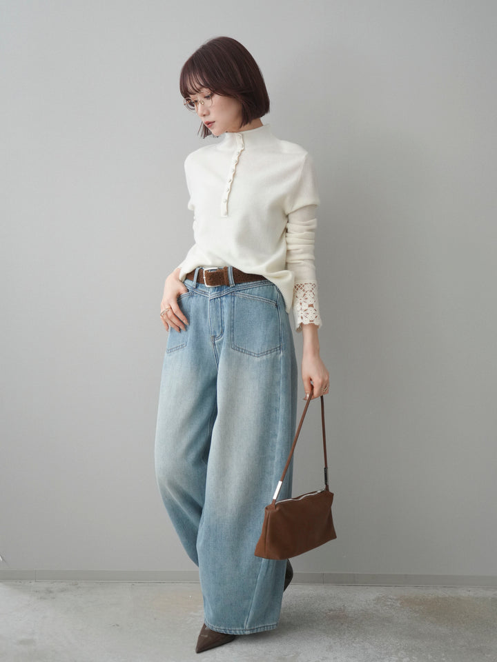 [SET]袖スカラップレースフロントボタンウールニットトップス+ベルト付裏起毛カーブデニムパンツ(2set)