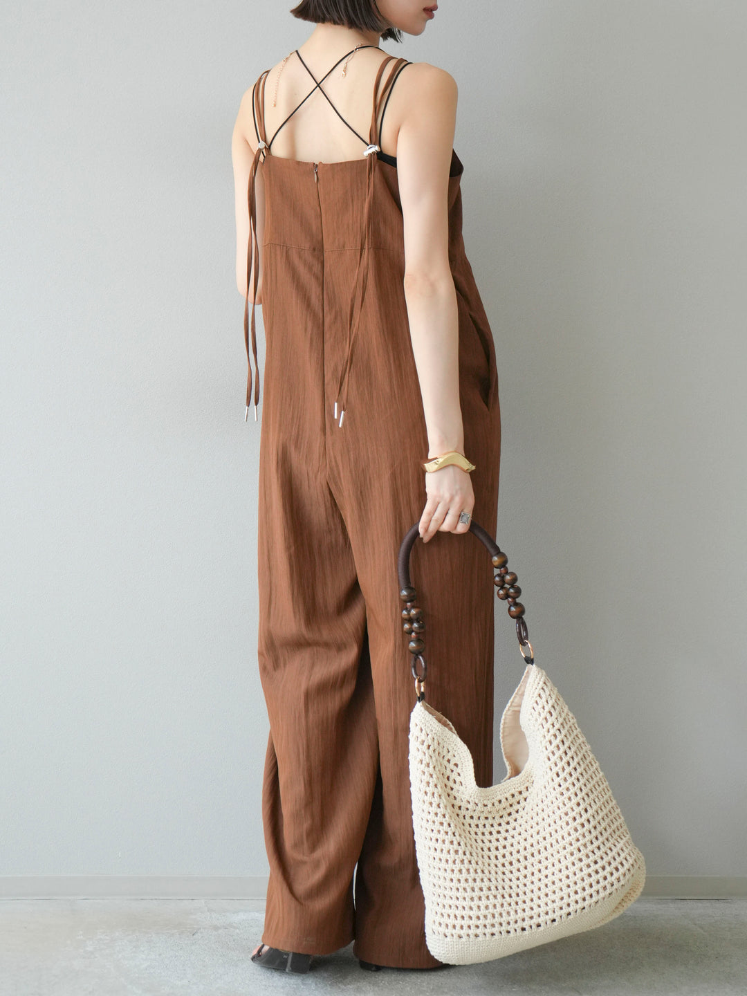 [SET]リネンライクビスチェデザインサロペット+ダブルストラップカットリブブラキャミソール(2set)