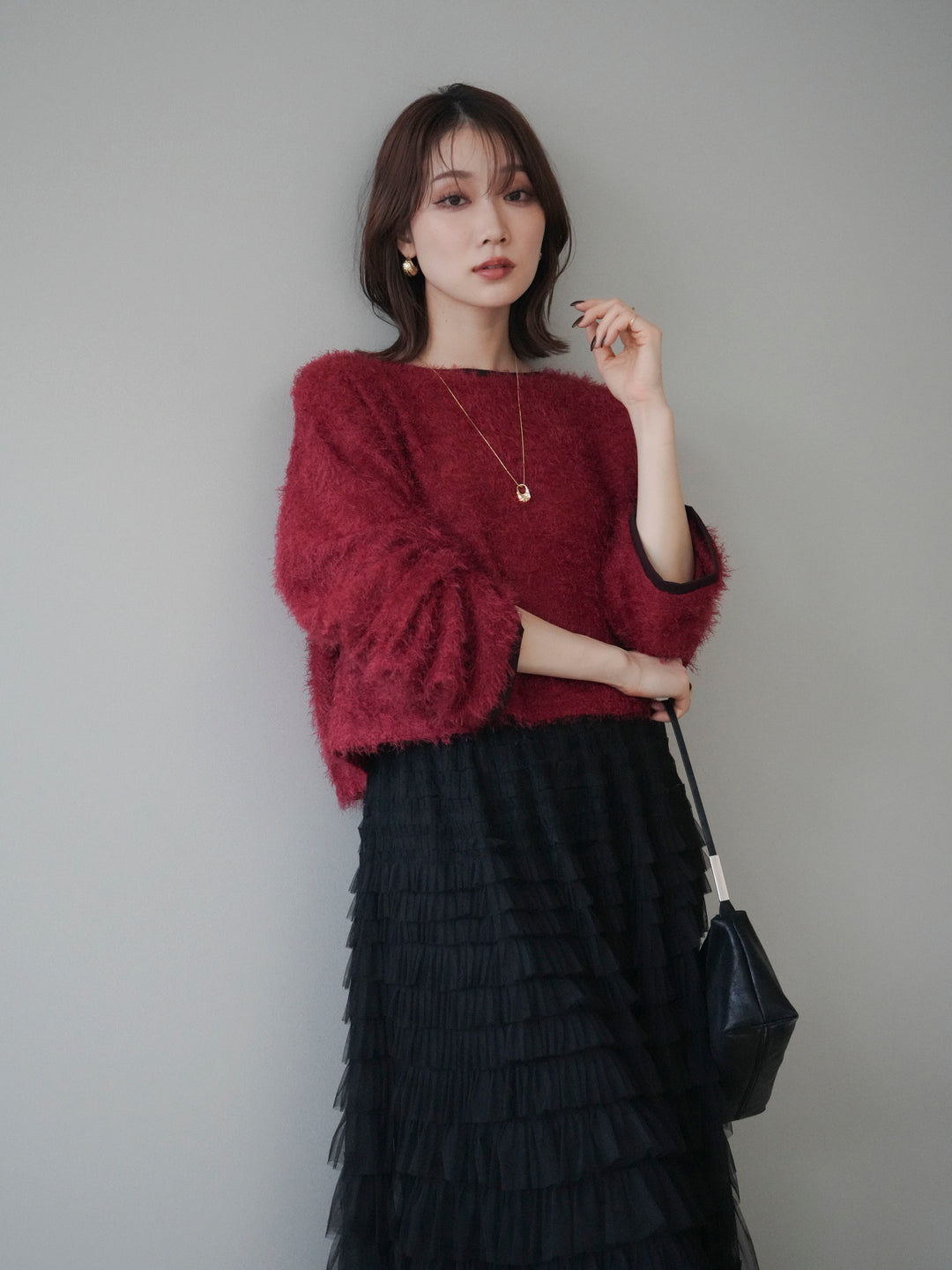 [予約]バイカラー2WAYシャギーニットカーディガン/red