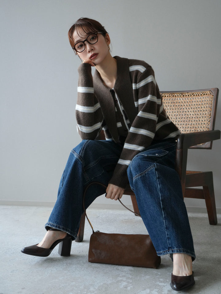 [予約]ボウタイボーダーニットカーディガン/brown