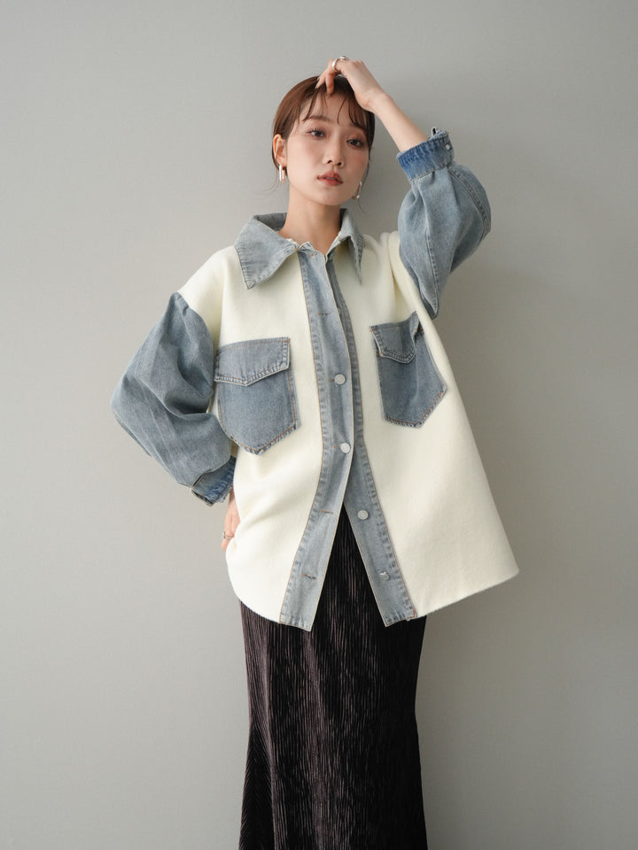 [予約]デニム襟ダブルフェイスニットカーディガン/white