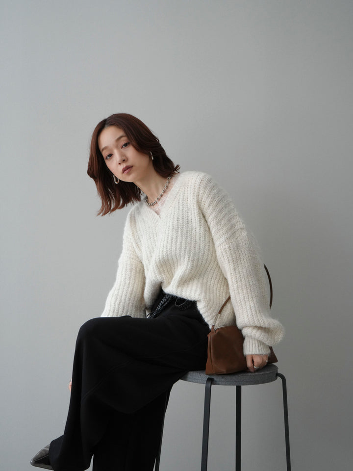 [SET]Vネックレースニットプルオーバー+編み込みベルト付きウエスト配色スエットパンツ(2set)