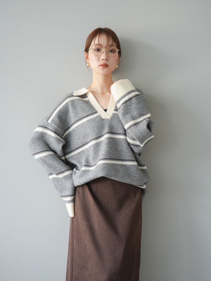 [SET]ポロ襟スキッパーボーダーニットプルオーバー+スウェードIラインスカート(2set)