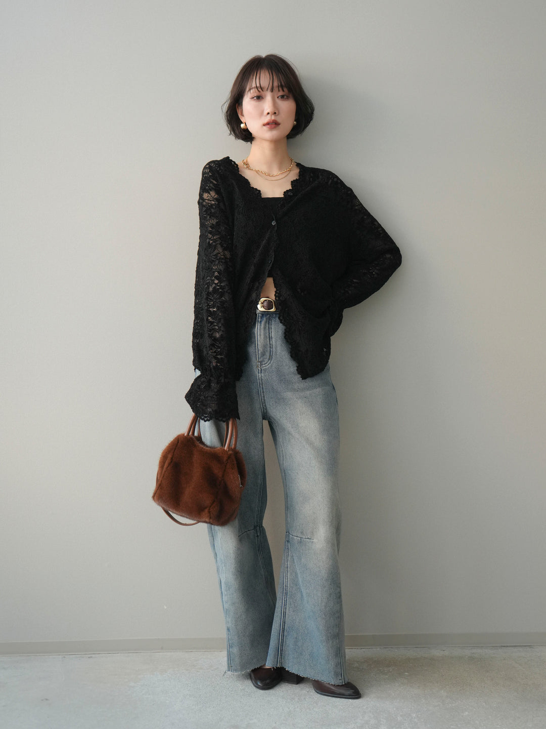[SET]Vネックレースブラウス+裏起毛カットオフカーブデニムパンツ(2set)
