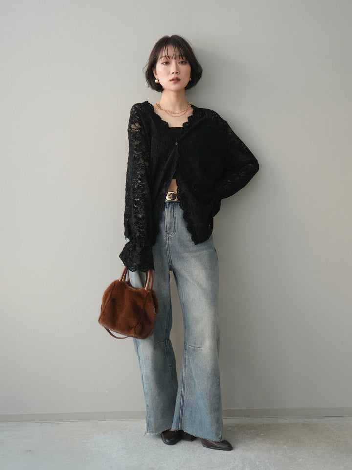 [SET]Vネックレースブラウス+裏起毛カットオフカーブデニムパンツ(2set)