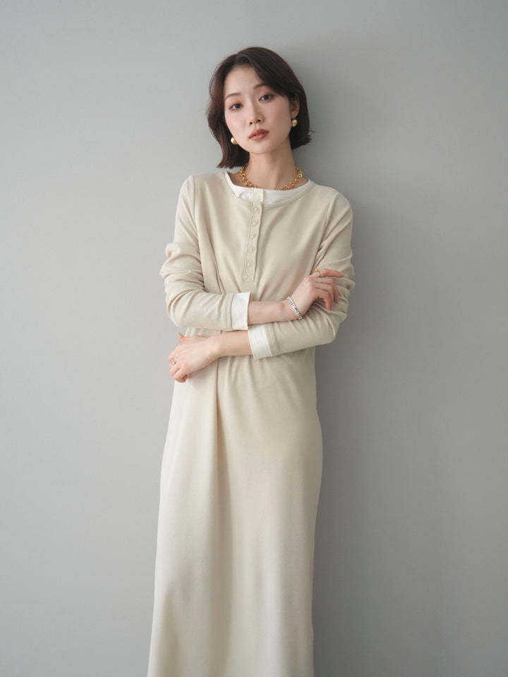 [SET]配色レイヤードヘンリーネックカットリブワンピース+選べるアクセセット(2set)