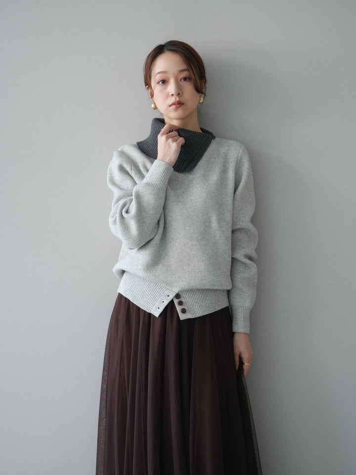 [予約]デザインネックバイカラーニットプルオーバー/gray