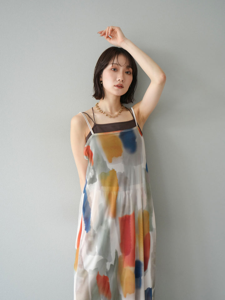 [SET]水彩アートシアーキャミワンピース+カップ付きバッククロスキャミソール(2set)