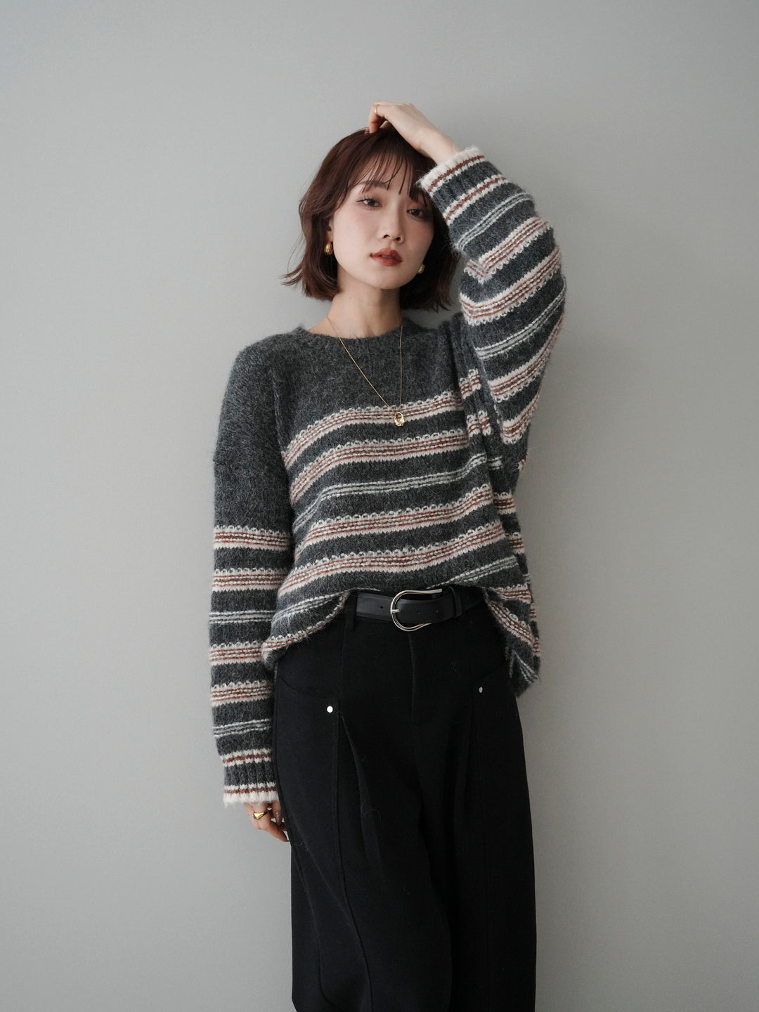 [予約]ステッチボーダーニットプルオーバー/gray