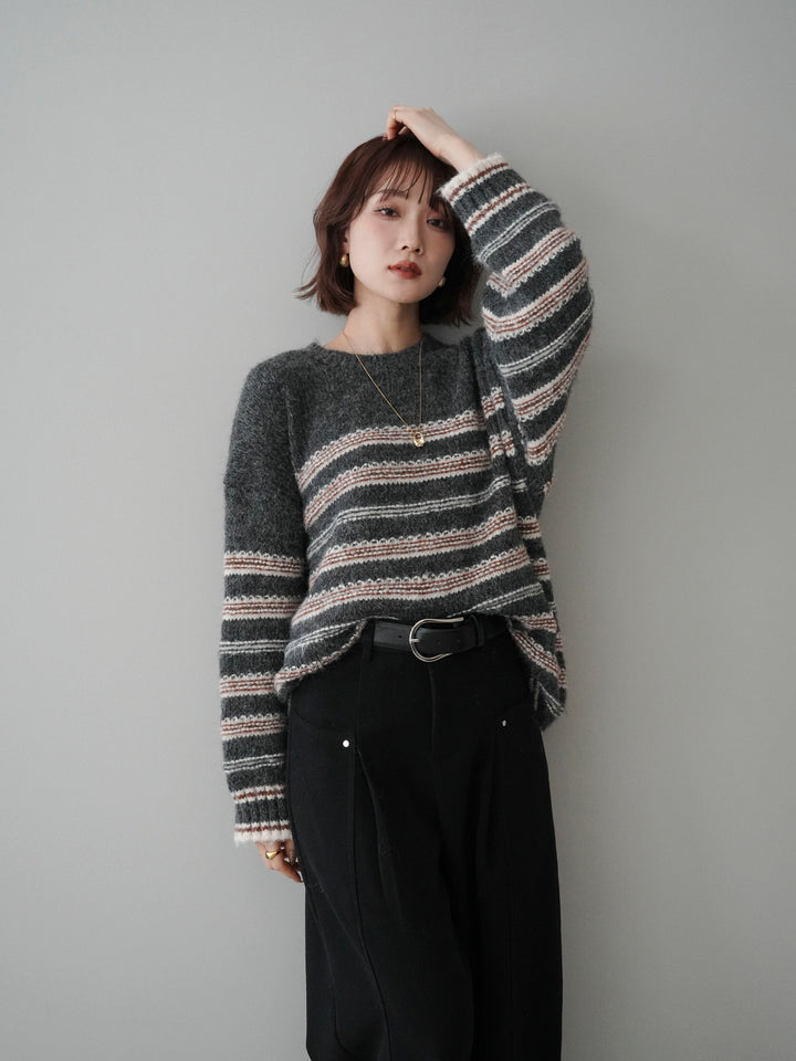 [予約]ステッチボーダーニットプルオーバー/gray