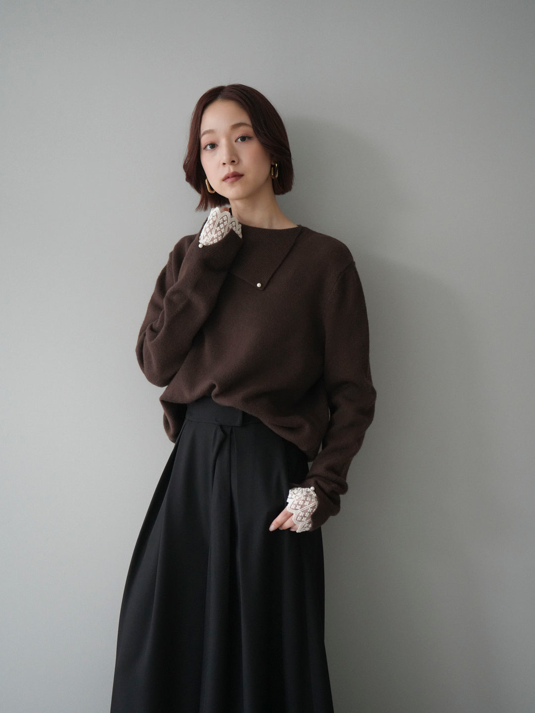 [SET]袖レースパール付き配色ニットトップス+テープベルトタックバギーパンツ(2set)