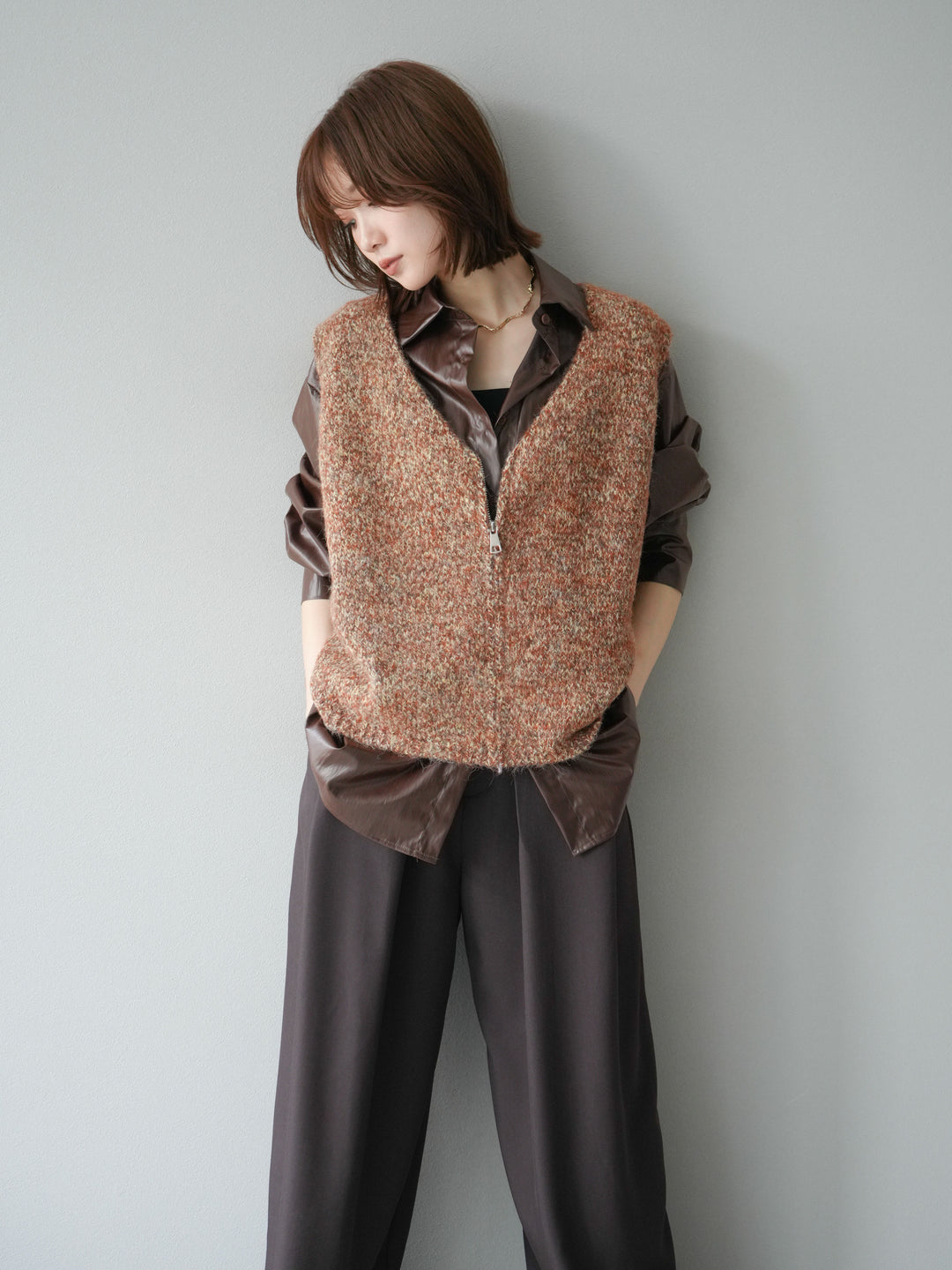 [予約]フェイクレザーシャツ/ブラウン