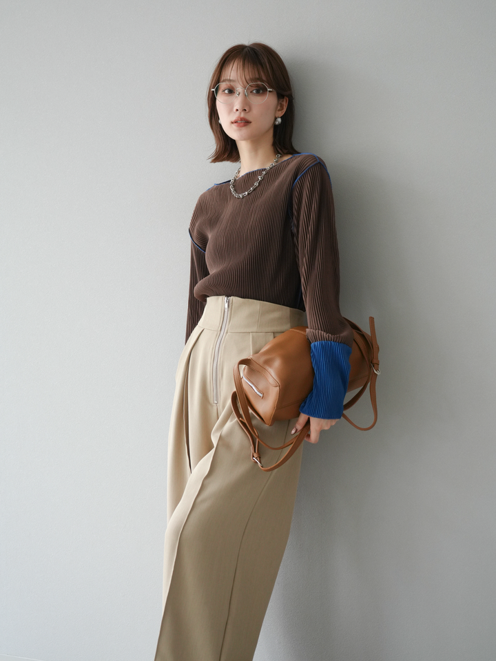 [予約]バイカラープリーツトップス/ブラウン