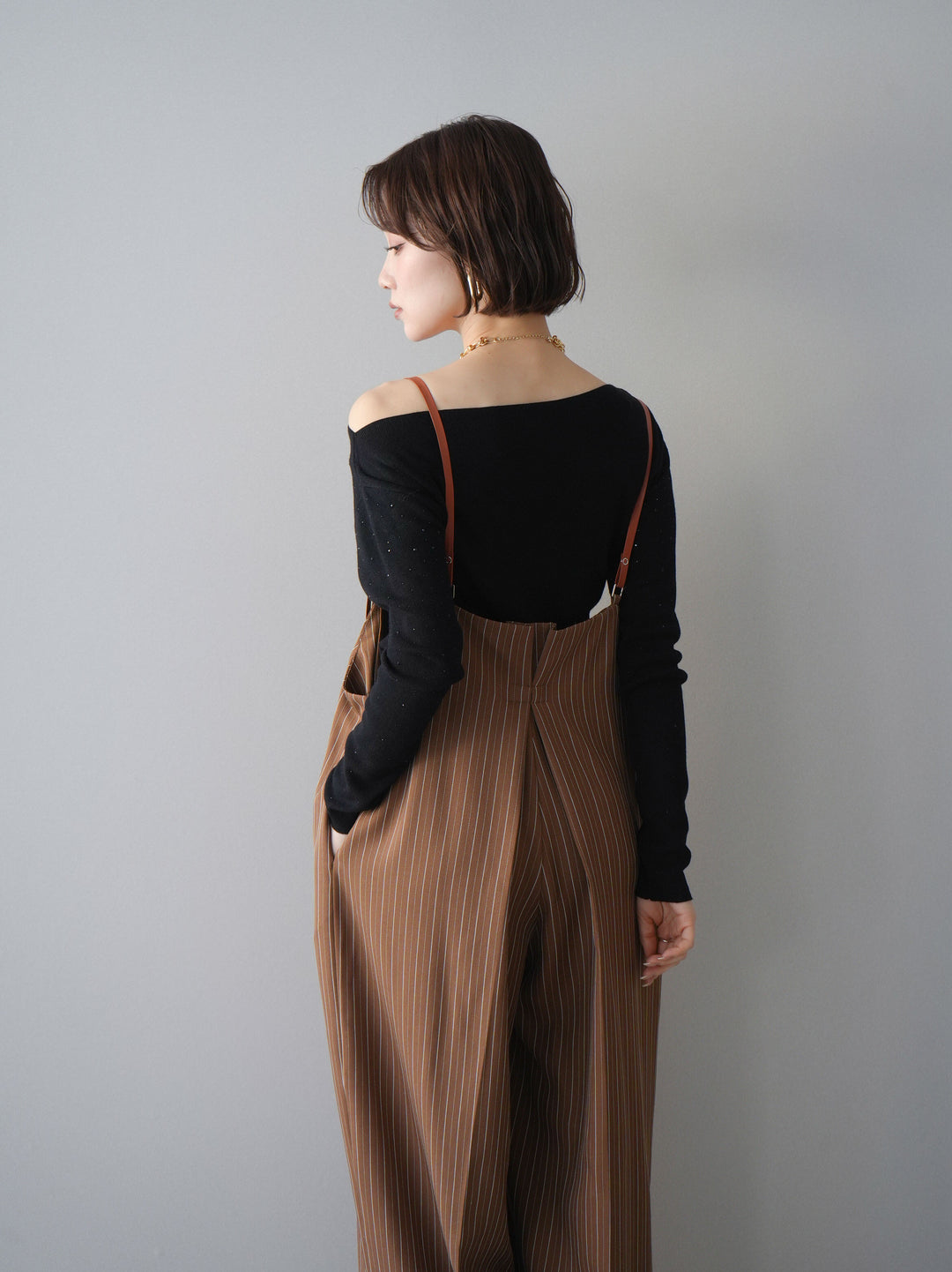 [予約]ヘリンボーンストライプサス付サロペット/goldbrown