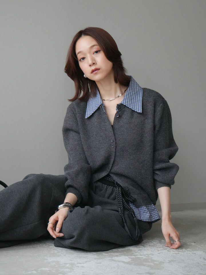 [SET]チェックシャツ襟ニットカーディガン+編み込みベルト付きウエスト配色スエットパンツ(2set)