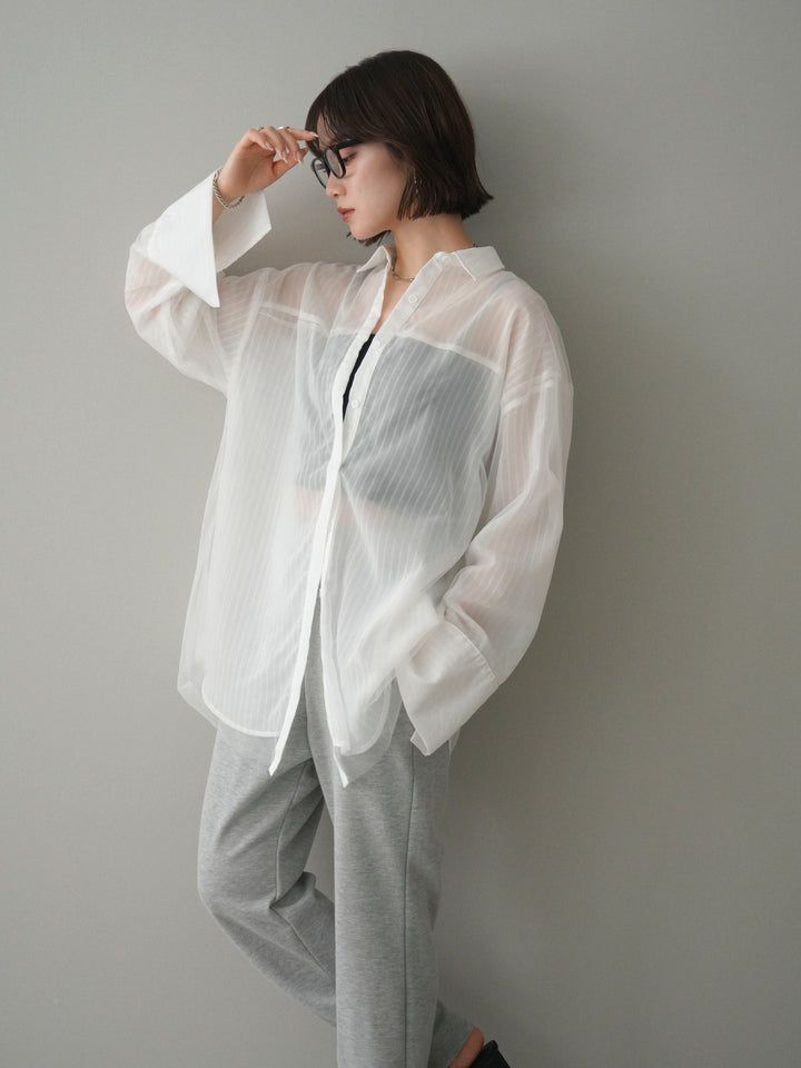 [予約]チュールレイヤードストライプシアーシャツ/offwhite