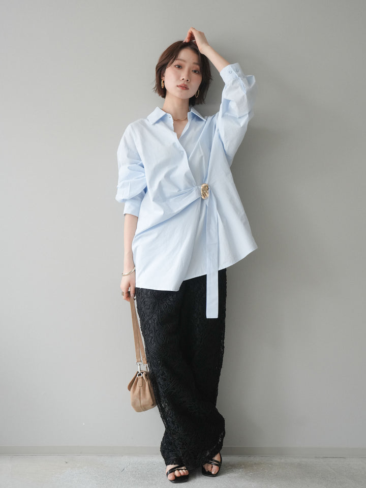 [SET]メタルパーツドレープシャツ+シアーコードレースイージーパンツ(2set)