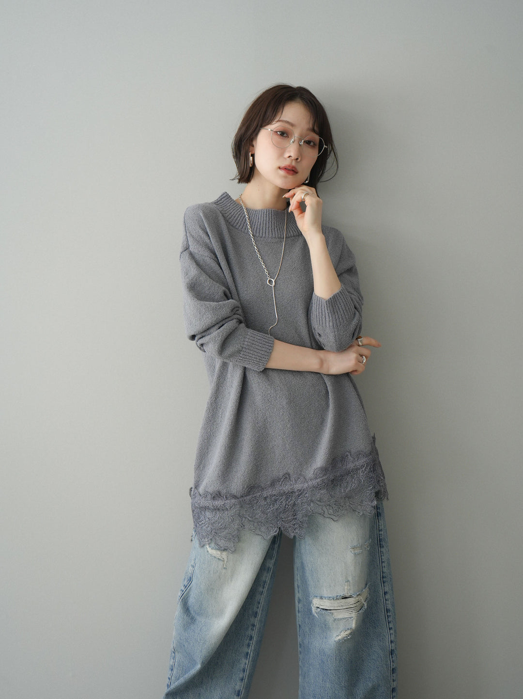 [SET]アシンメトリーレースヘムニットプルオーバー+選べるアクセセット(2set)