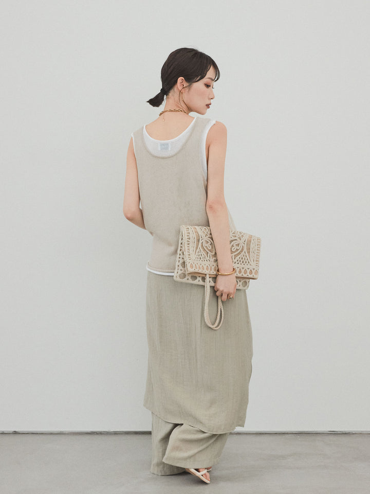 [SET]バイカラーレイヤードニットタンクトップ+ワッシャーサテンレイヤードスカートパンツ(2set)