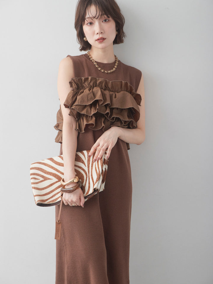 [予約]フリルデザインリブニットワンピース/brown