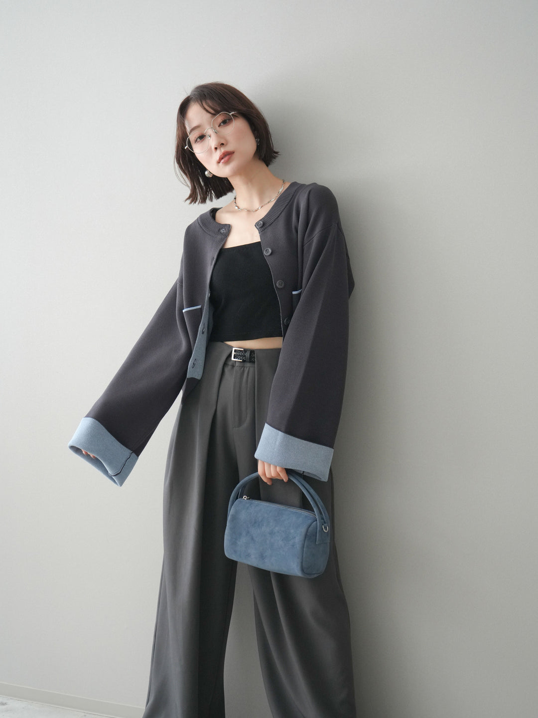 [SET]レーヨンポリダブルフェイスニットカーディガン+ベルトループデザインワイドパンツ(2set)