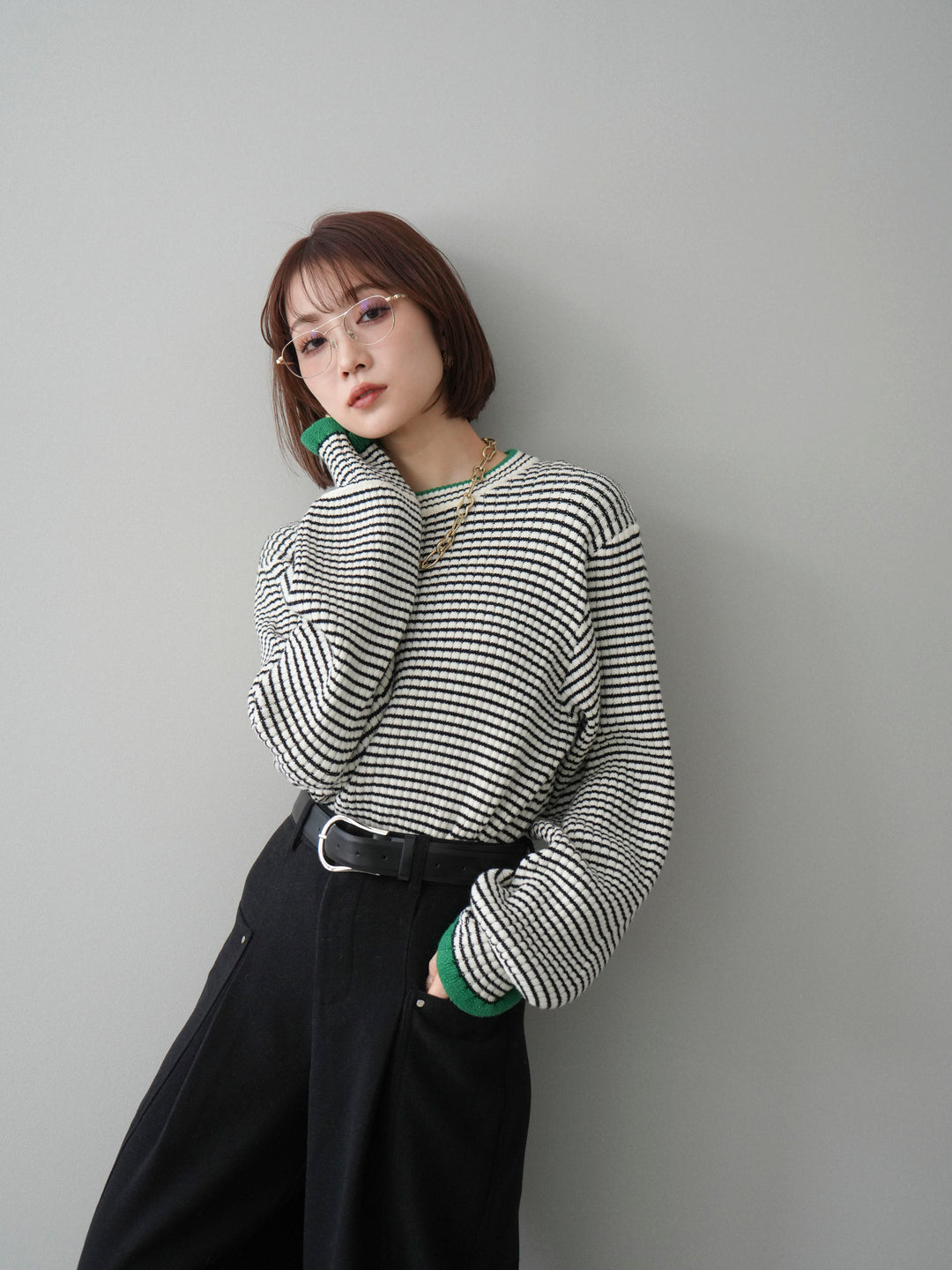 [SET]ラメ異素材ボーダーリブニットプルオーバー+ラメ異素材ボーダーリブニットプルオーバー(2set)