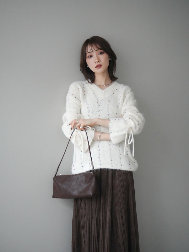 [予約]キャンディースリーブカラーネップスパンコールニットプルオーバー/white