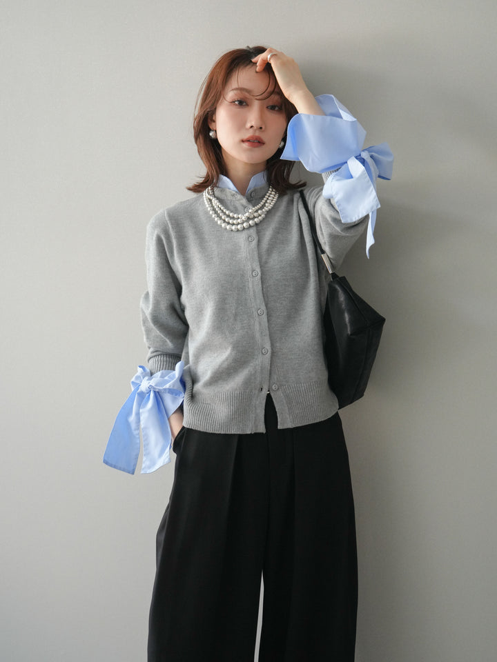 [予約]ウールライクリボンシャツカーディガン/gray
