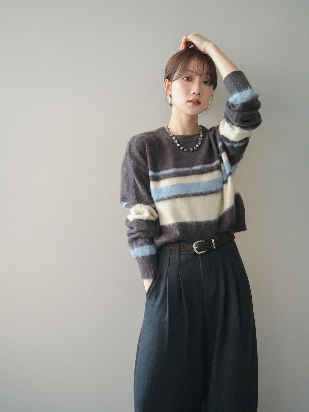 [予約]ソフトタッチボーダークロップドニットプルオーバー/brown