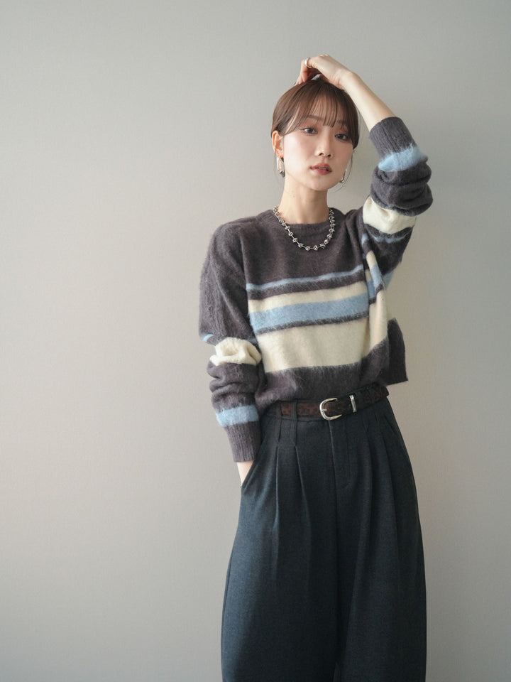 [予約]ソフトタッチボーダークロップドニットプルオーバー/brown