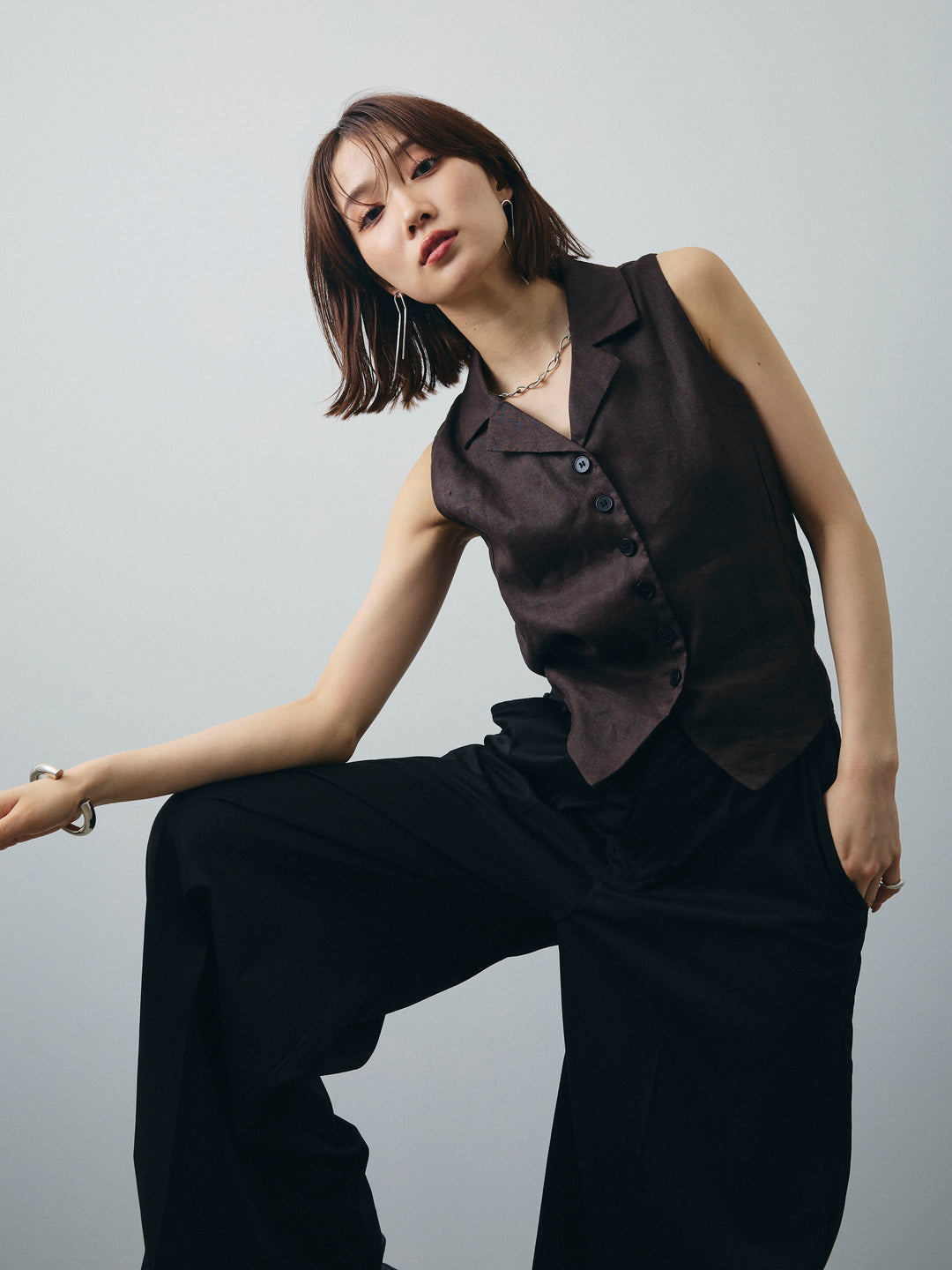 [SET]リネンライクテーラードジレ+コクーンワイドチノパンツ(2set)