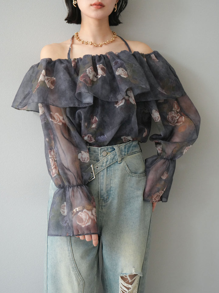 【預購】花朵露肩襯衫/藏青色