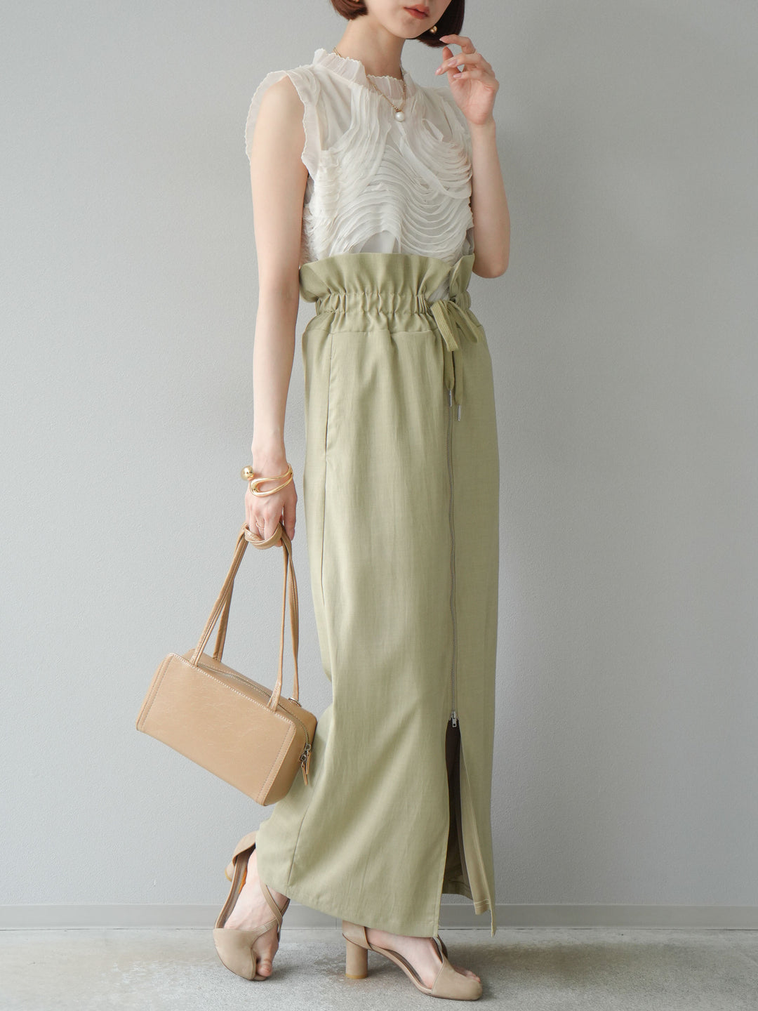 [SET]チュールジャガードノースリブラウス+ヘザーエステルギャザージップスカート(2set)