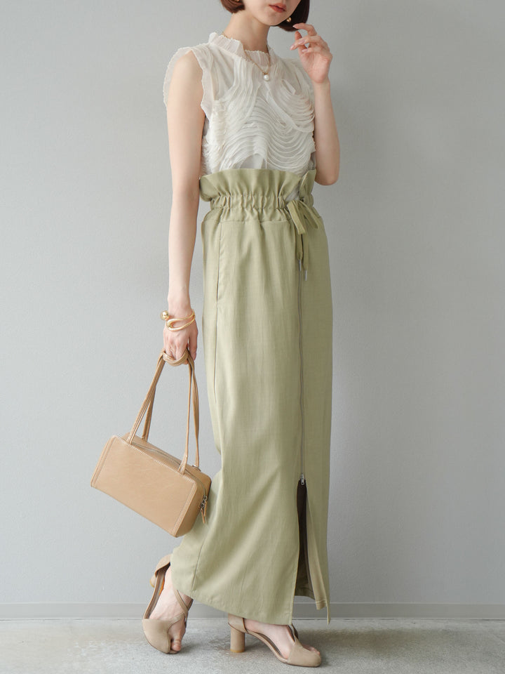 [SET]チュールジャガードノースリブラウス+ヘザーエステルギャザージップスカート(2set)