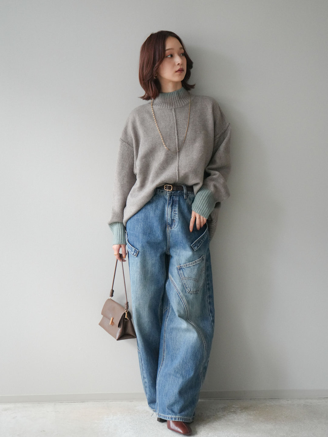 [SET]配色ハイネックニットプルオーバー+ペインターカーブデニムパンツ(2set)