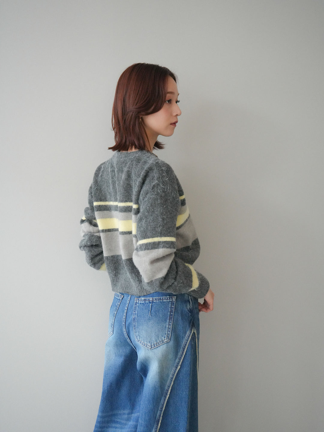 [SET]ソフトタッチボーダークロップドニットプルオーバー+サイドフリンジワイドデニムパンツ(2set)