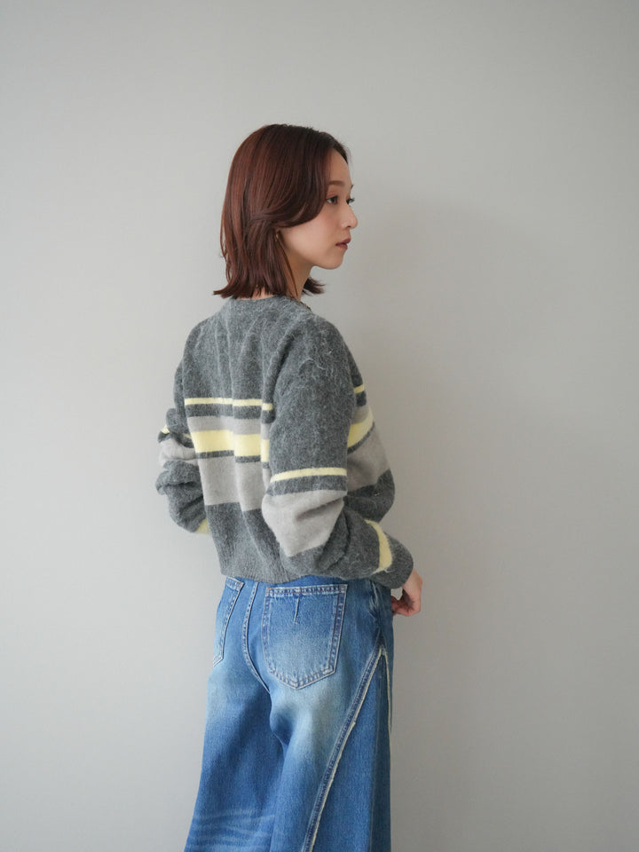 [SET]ソフトタッチボーダークロップドニットプルオーバー+サイドフリンジワイドデニムパンツ(2set)