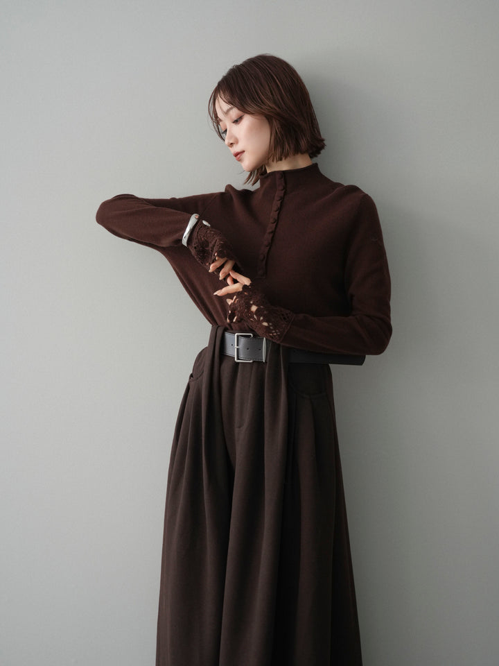 [予約]袖スカラップレースフロントボタンウールニットトップス/brown