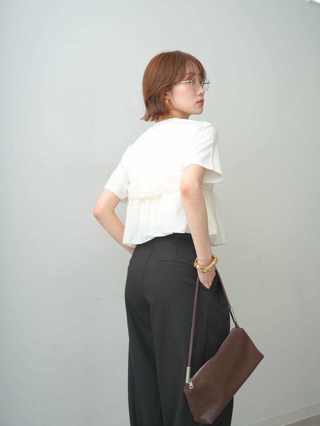 [SET]ナイロンドッキングツイストTEE +アシンメトリーベルトタックワイドパンツ(2set)