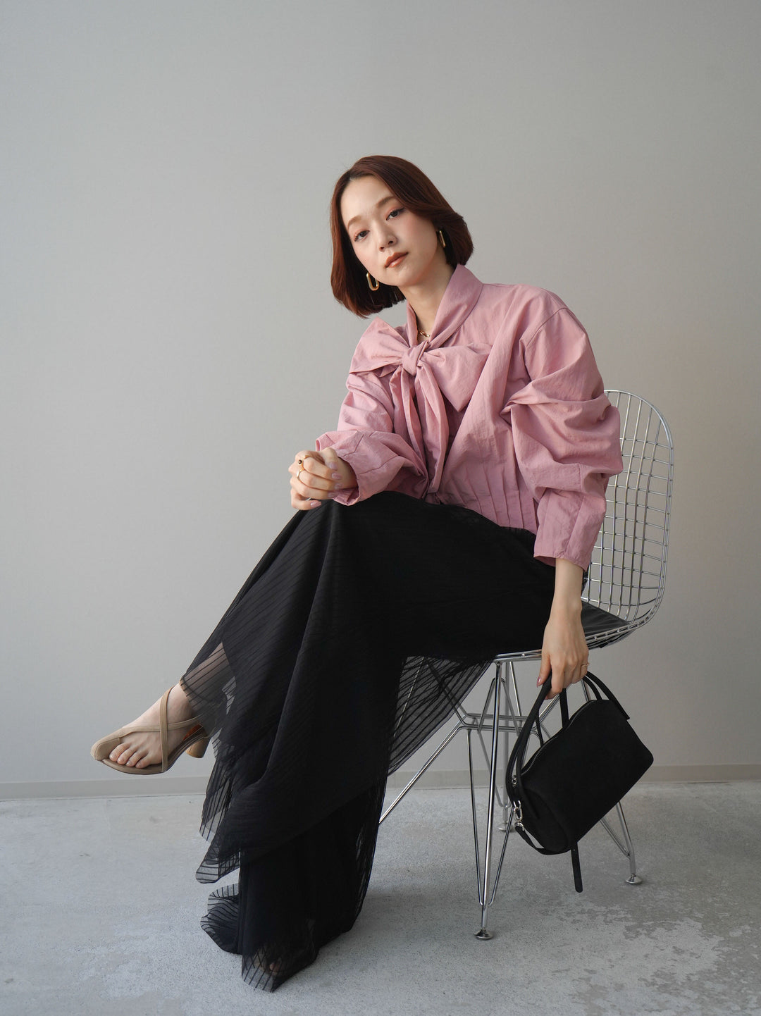 [SET]ボウタイ裾プリーツライトジャケット+ストライプチュールボリュームバギーパンツ(2set)