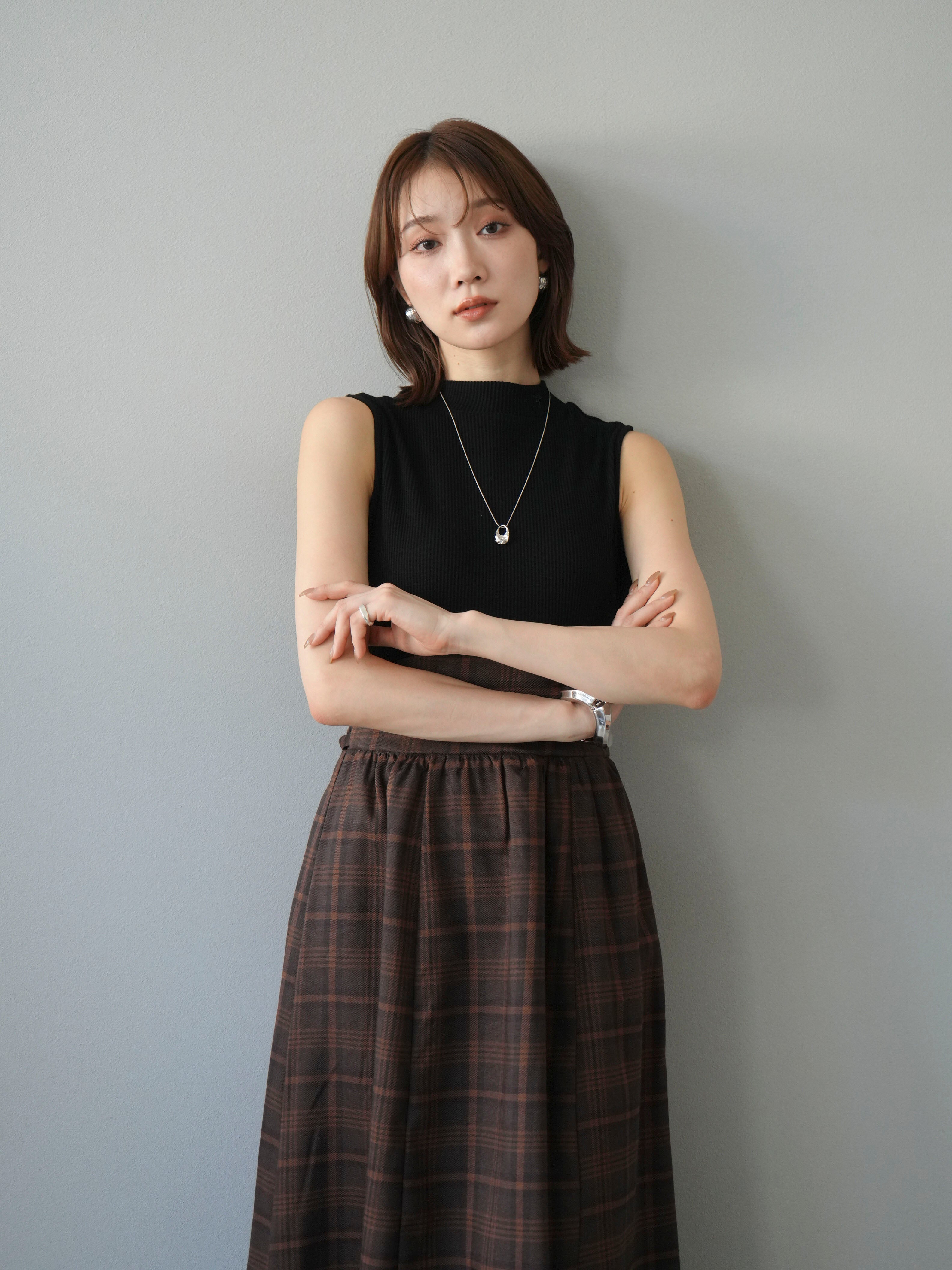 HONEYMEW ノースリーブチェックシフォンワンピース ブラック XS 予約]テレコ×チェックドッキングノースリワンピース/ブラック×ブラウン