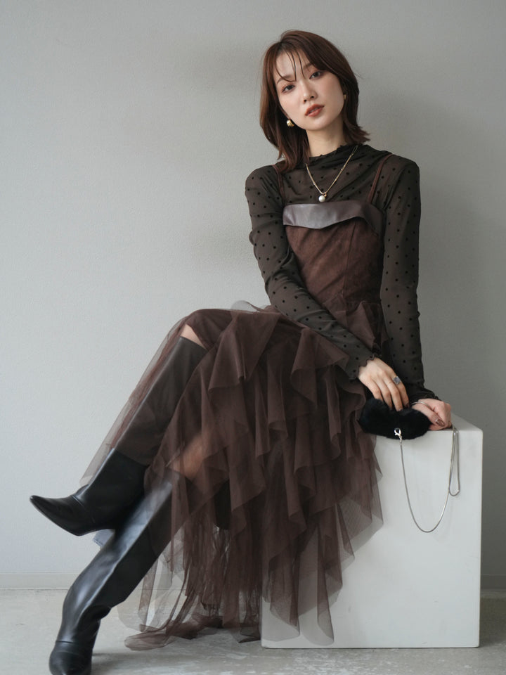 [予約]レザー切替チュールラッフルワンピース/brown