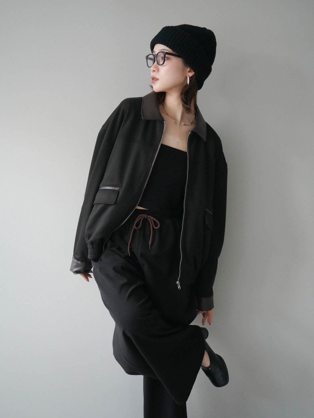 [予約]レザー襟配色パイピングブルゾン/black