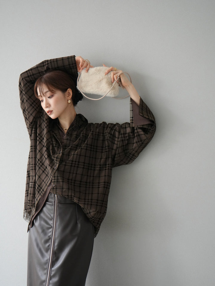 [予約]チェック柄チュールシャツアンサンブル/ブラウン