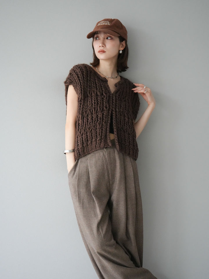 [SET] 手編繩結背心+粗花呢觸感褶皺寬褲（2件組）